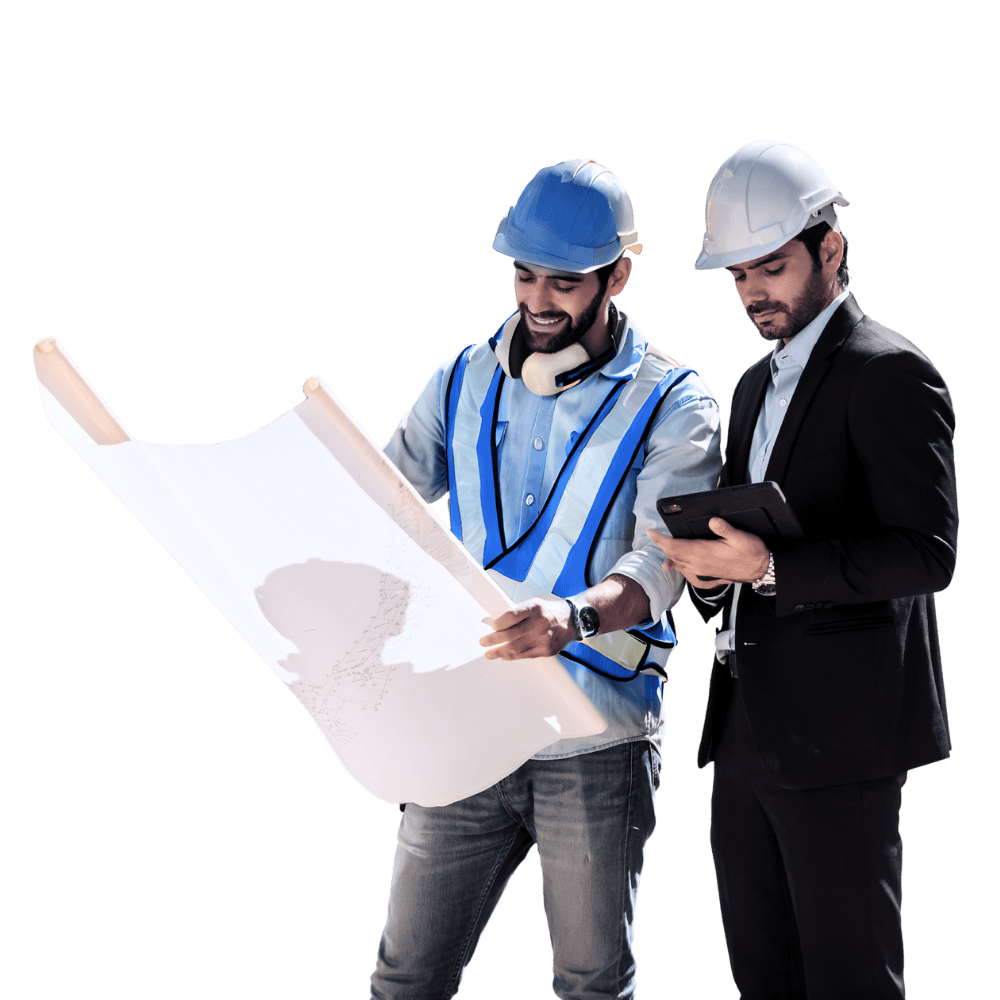 Engineers reviewing blueprints